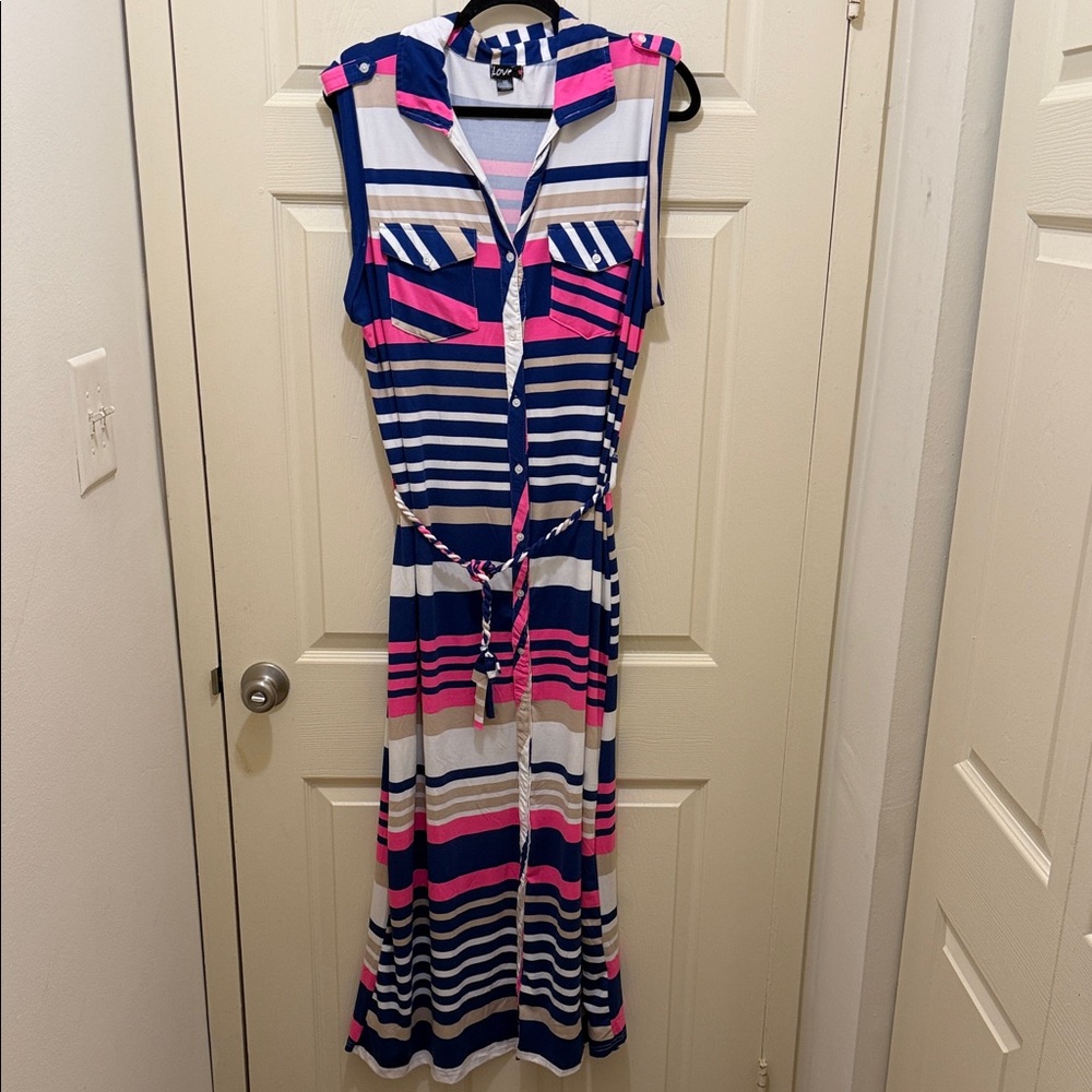 Love Sleeveless Striped Maxi Dress - Navy, Pink & White